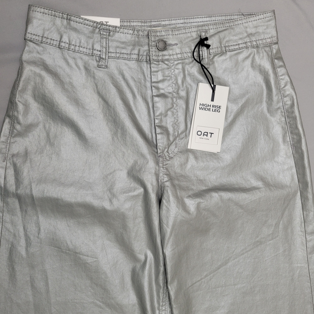 Oat New York Women's High Rise Wide Leg Pants Size 8 Silver Shimmer NWT Raw Hem